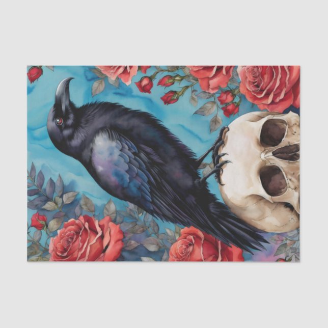Raven On Skull Red Roses Teal Background Tissue Paper (Front)