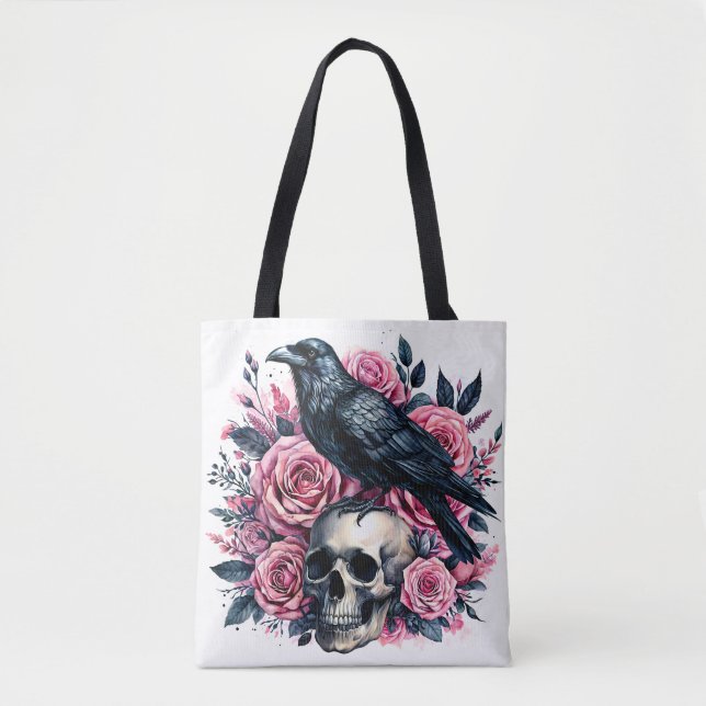 Raven On Skull With Pink Roses Tote Bag (Front)