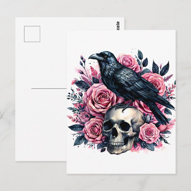 Raven On Skull With Pink Roses Watercolor Art Postcard (Front/Back)
