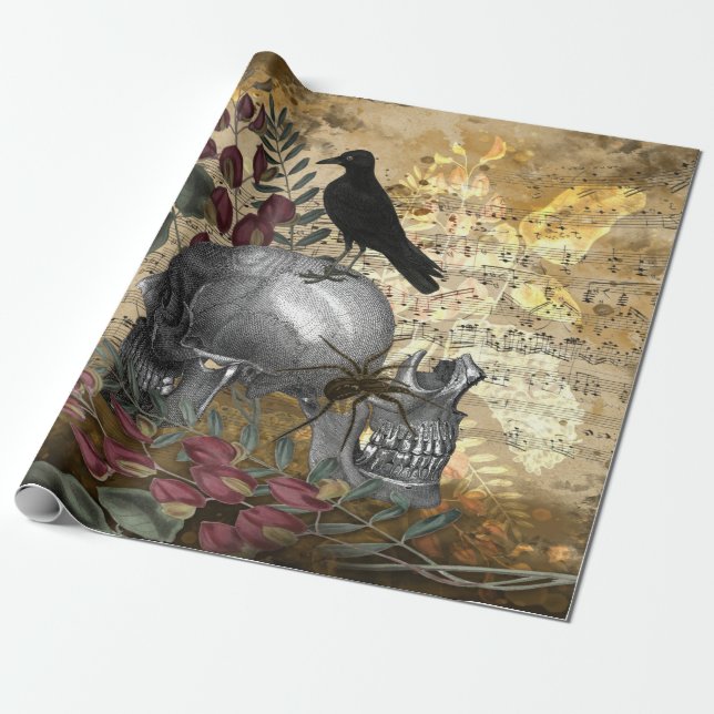 Raven on Skulls Wrapping Paper (Unrolled)