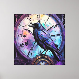 Raven on the Clock Watercolor Canvas Print