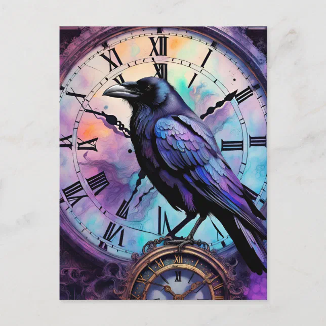 Raven on the Clock Watercolor Postcard | Zazzle