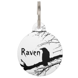 Raven on the Tree Black and White  Pet Tag