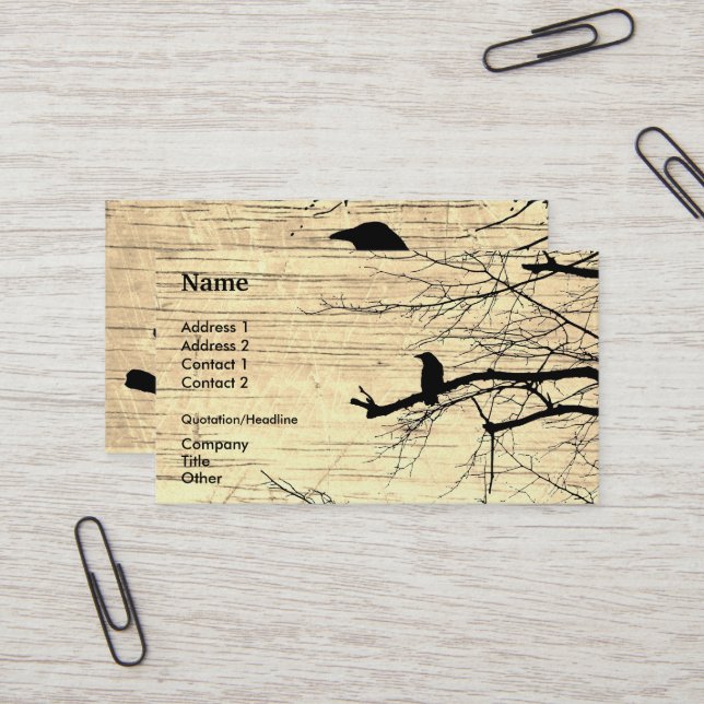 Raven on the Tree with wooden background Business  Business Card (Front/Back In Situ)