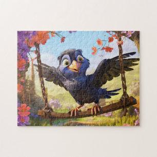 Raven Overlooking Spring Landscape With Flowers Jigsaw Puzzle