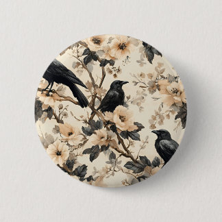 Raven pattern crow floral trees 6 cm round badge