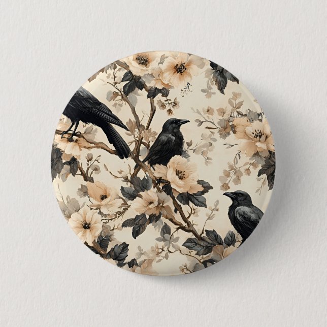 Raven pattern crow floral trees 6 cm round badge (Front)