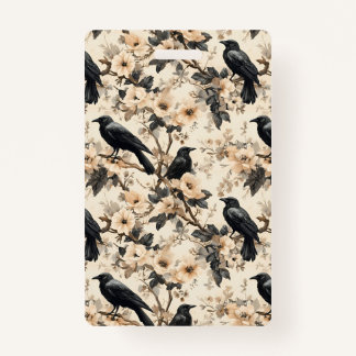 Raven pattern crow floral trees Badge ID Badge