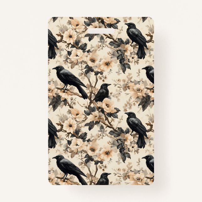 Raven pattern crow floral trees Badge ID Badge (Front)