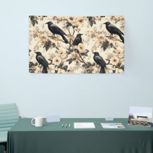 Raven pattern crow floral trees banner