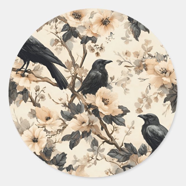 Raven pattern crow floral trees classic round sticker (Front)