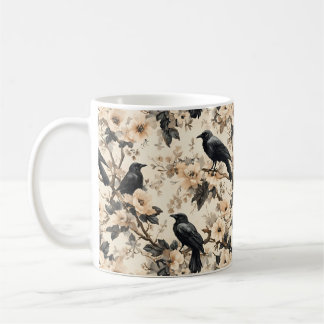 Raven pattern crow floral trees Mug