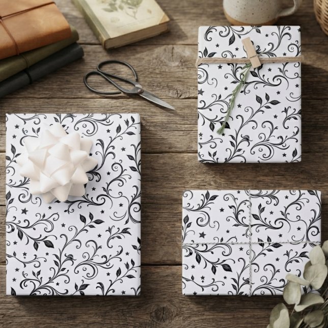 Raven Perch Gothic Scroll Wrapping Paper Sheet (Monochrome raven botanical wrapping paper for book lovers celebrating a gothic birthday.)
