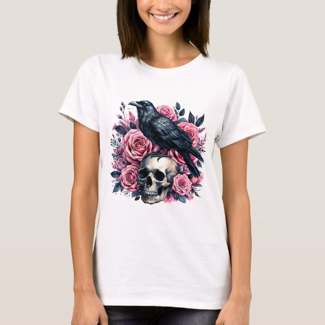 Raven & Pink Roses – Gothic Skull Watercolor T-Shirt (Front)