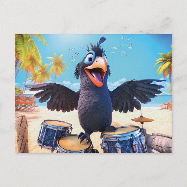 Raven Playing Drums On Tropical Beach Postcard (Front)