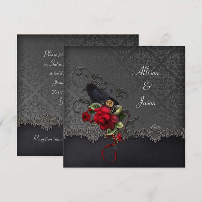 Raven Red Roses Black Grey Damask Invitation (Front/Back)