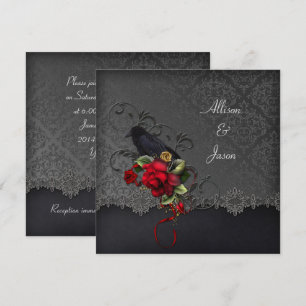 Raven Red Roses Black Grey Damask Invitation