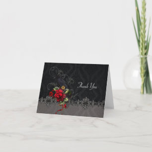 Raven Red Roses Black Grey Damask Thank You Card