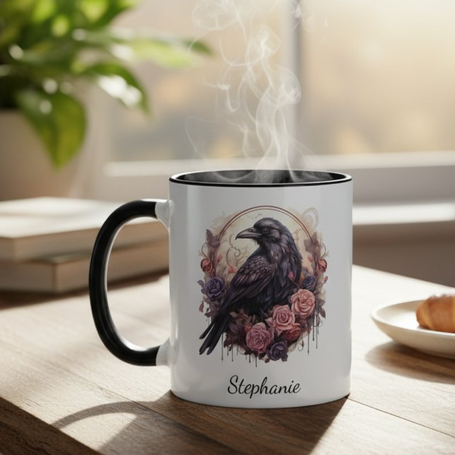 Raven & Rose Dark Academia Drinkware Mug (Black raven with roses coffee mug
)