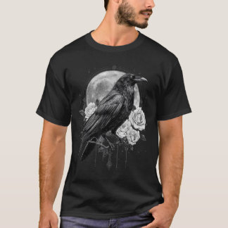 Raven Rose Moon Scary Black Gothic Spooky Crow T-Shirt