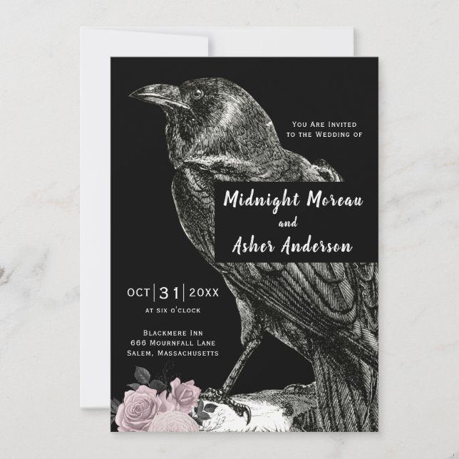 Raven Roses Black Pink Halloween Wedding Invitation (Front)