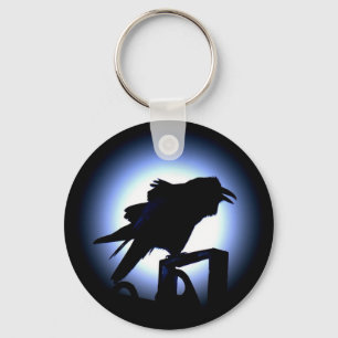 Raven Silhouette Against Full Moon Key Ring