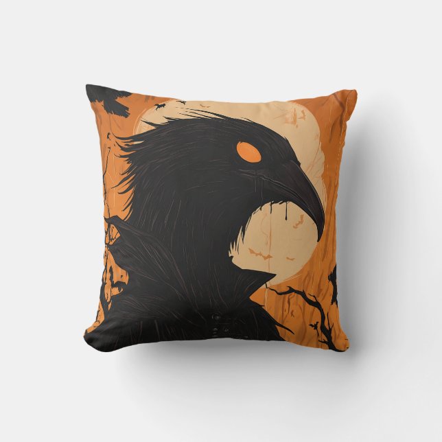Raven Silhouette Full Moon Black Orange Halloween  Cushion (Front)
