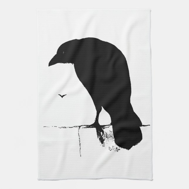 Raven Silhouette - Vintage Goth Ravens & Crows Tea Towel (Vertical)