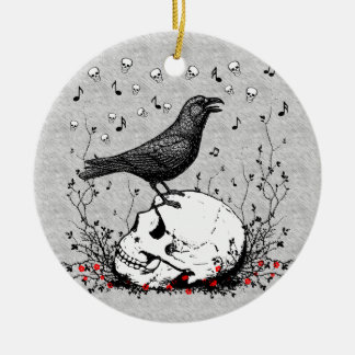 Raven Sings Song of Death on Skull Illustration Ceramic Tree Decoration