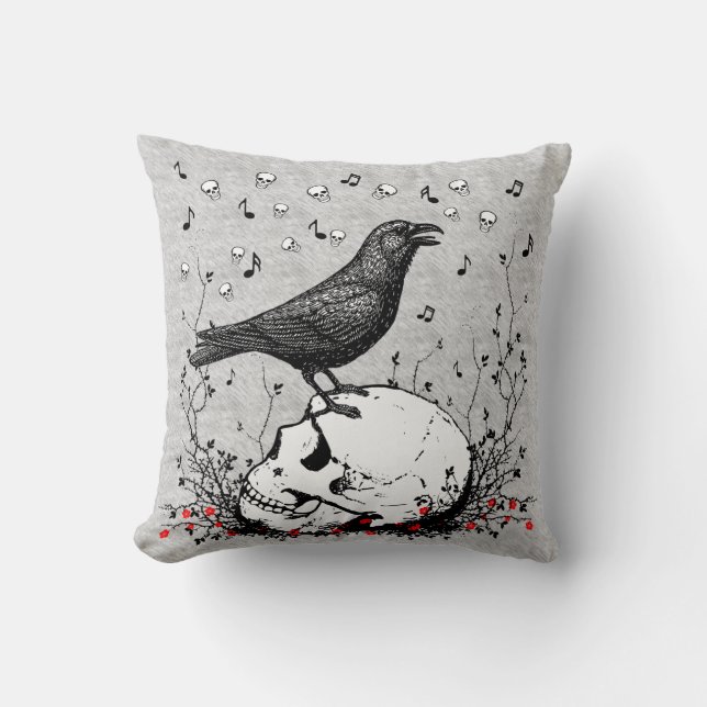Raven Sings Song of Death on Skull Illustration Cushion (Front)