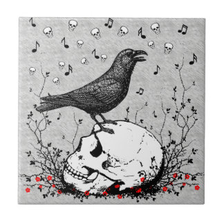 Raven Sings Song of Death on Skull Illustration Tile
