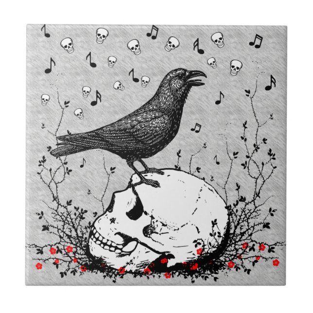 Raven Sings Song of Death on Skull Illustration Tile (Front)