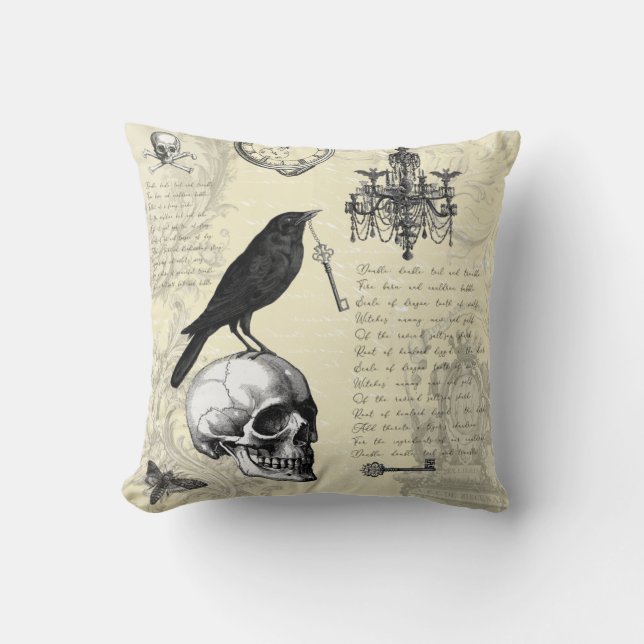 Raven Skull and Chandelier Gothic Halloween Cushion (Front)