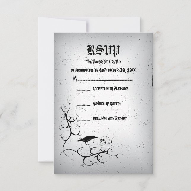 Raven, skull and ornate corner Gothic wedding RSVP Card (Front)