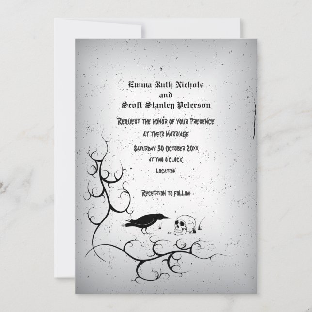 Raven, skull and ornate Gothic grey wedding Invitation (Front)
