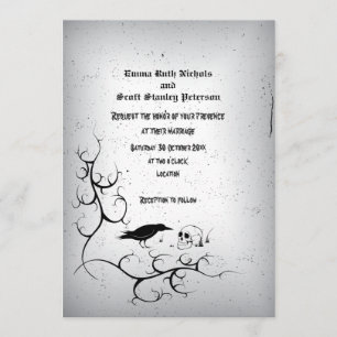 Raven, skull and ornate Gothic grey wedding Invitation