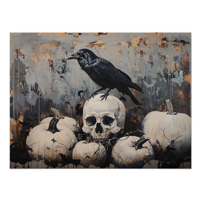 Raven Skull and White Pumpkins Painting Poster (Front)