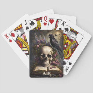 Raven Skull Book and Flowers Playing Cards