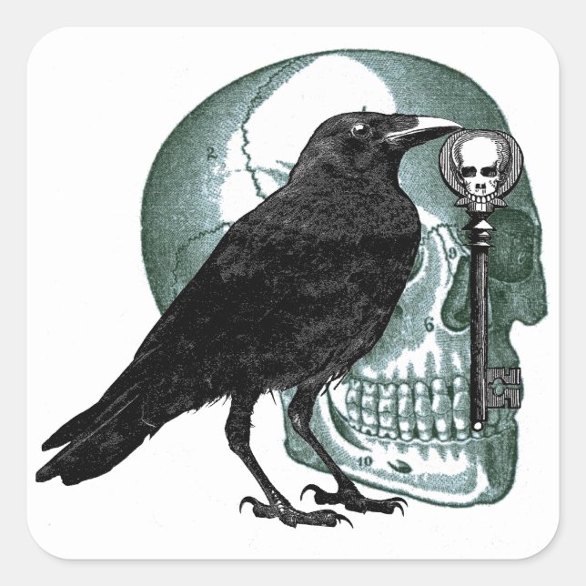 Raven Skull Skeleton Key Square Sticker (Front)