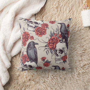 Raven Skulls Roses Cushion