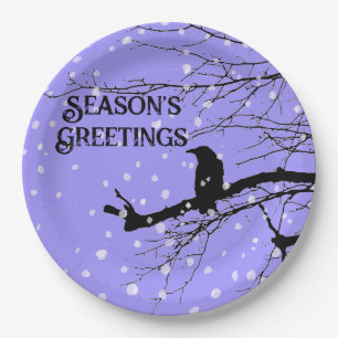 Raven Snow Winter Seasons Greetings Paper Plate