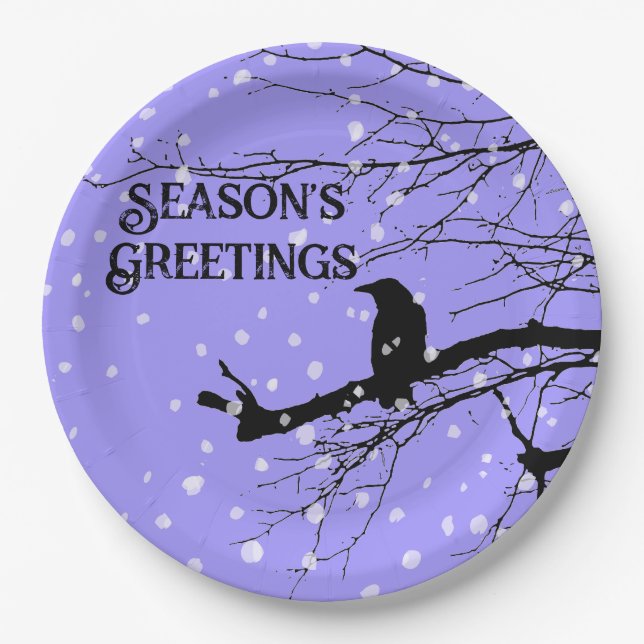Raven Snow Winter Seasons Greetings Paper Plate (Front)