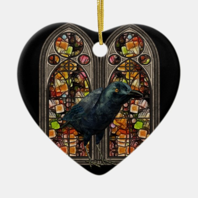 Raven Stained Glass Custom Samhain Heart Ornament (Front)