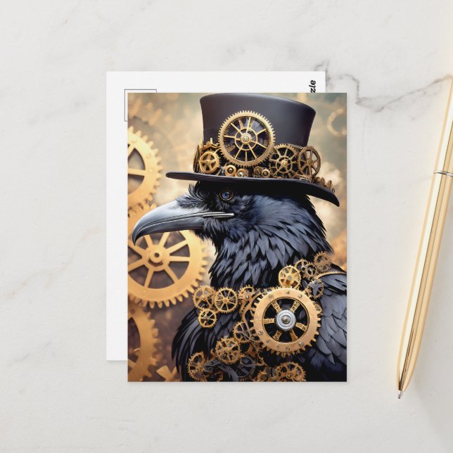 Raven Steampunk Gears Art Postcard (Front/Back In Situ)