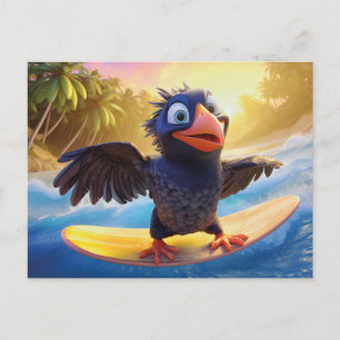 Raven Surfing In Tropical Paradise With Palm Trees Postcard