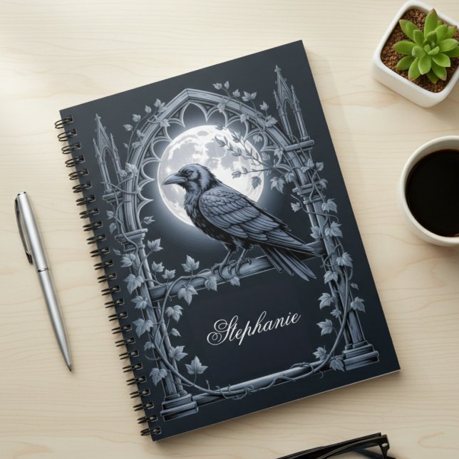 Raven Under Moon Gothic Midnight spiral photo Notebook (Dark academia personalized photo notebook)
