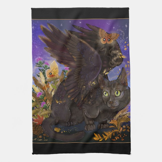 Raven Winged Autumn Magic Cat Tea Towel (Vertical)
