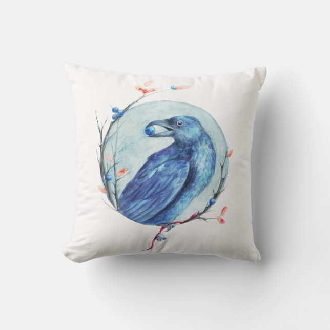 Raven with a berry in its beak watercolor cushion (Front)