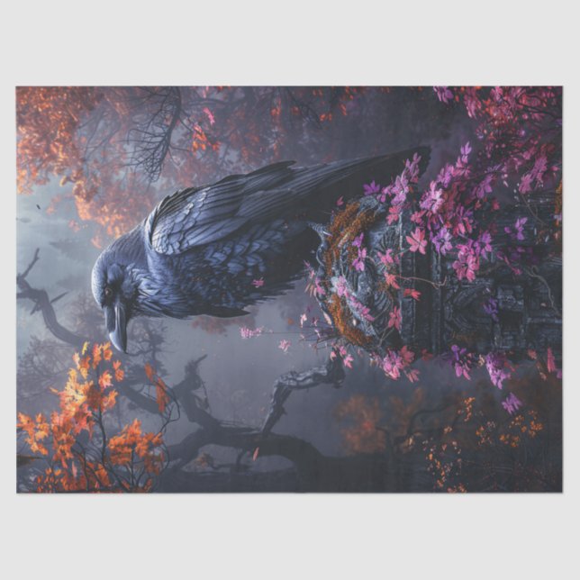Raven with Colourful Autumn Foliage Decoupage Tissue Paper (Front)