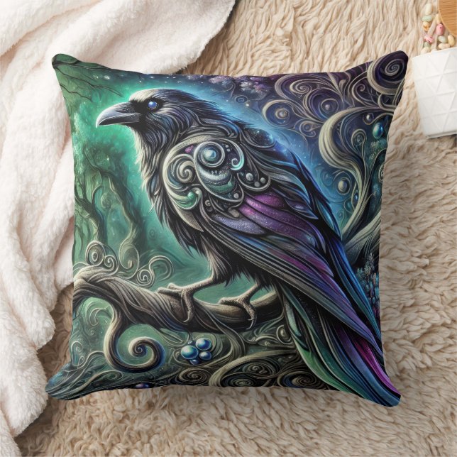 Raven with Iridescent Feathers in Enchanted Forest Cushion (Blanket)